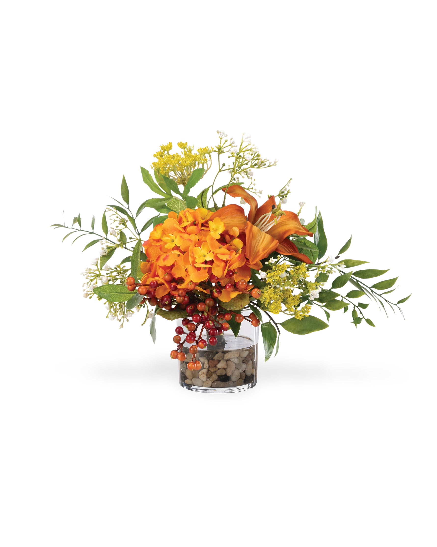 Hydrangea, Lilies & Berries Faux Flower Arrangement in a 4” glass vase of clear acrylic water and river stones.