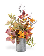 Maple and Sandcherry faux fall arrangement in a galvanized metal planter