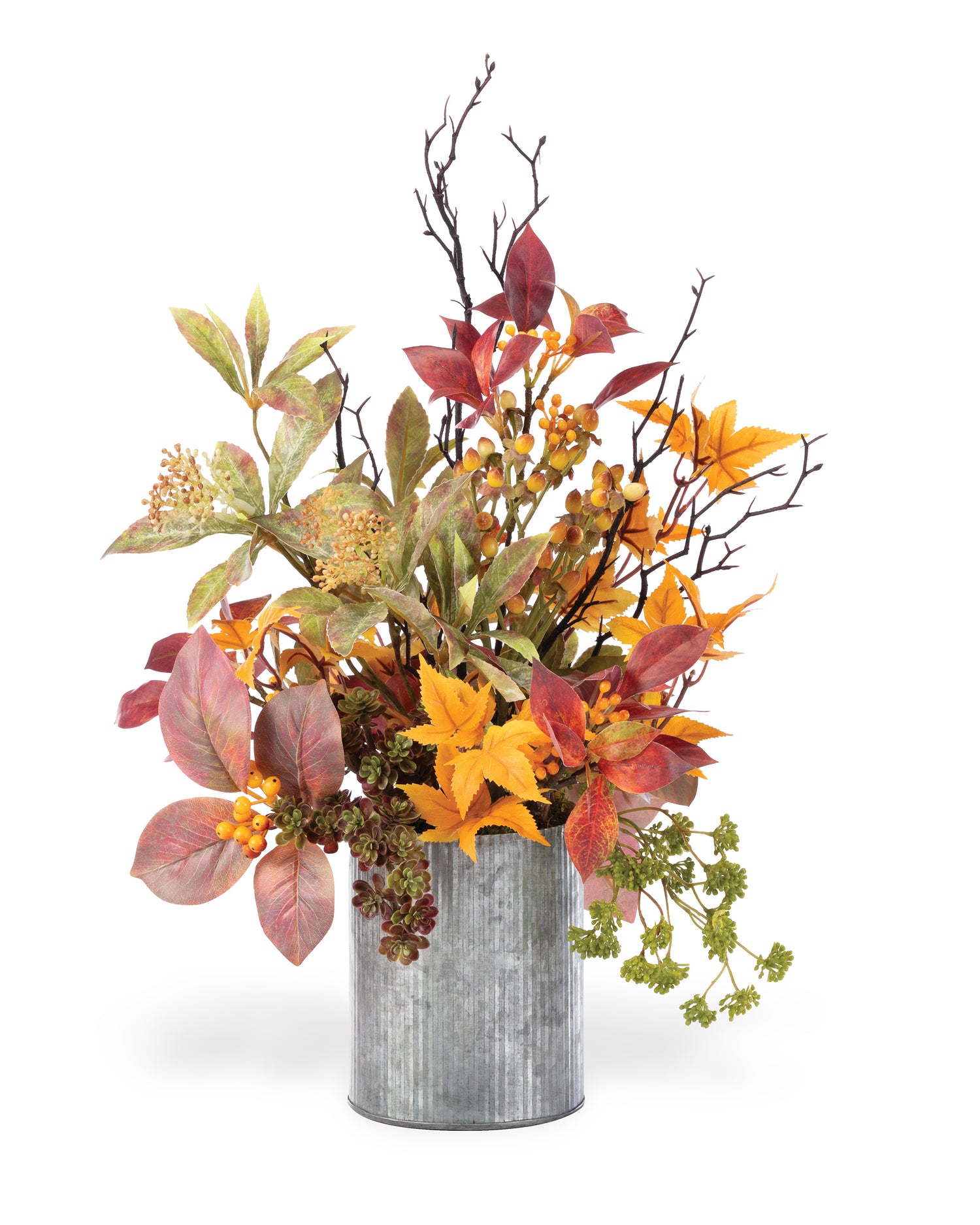 Maple and Sandcherry faux fall arrangement in a galvanized metal planter