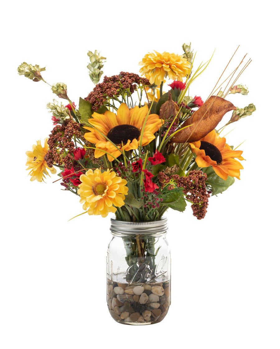 Sunflower & Zinnia Pint Jar Artificial Autumn Accent FLA914-MP