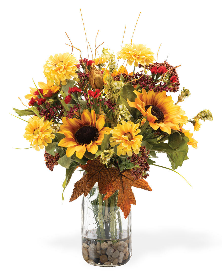 Sunflower & Zinnia Quart Jar Artificial Autumn Accent FLA921-MP
