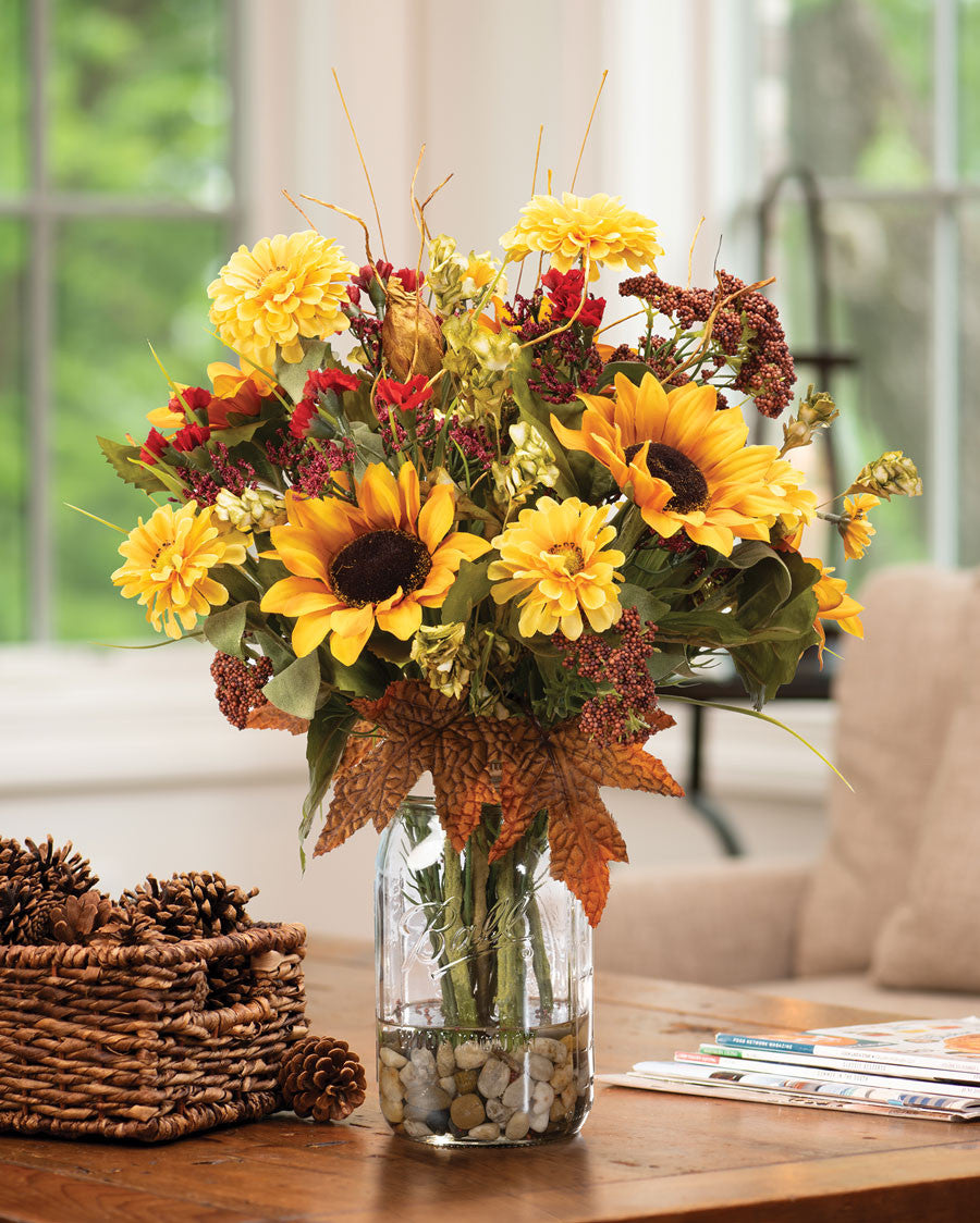 Sunflower & Zinnia Quart Jar Artificial Autumn Accent FLA921-MP