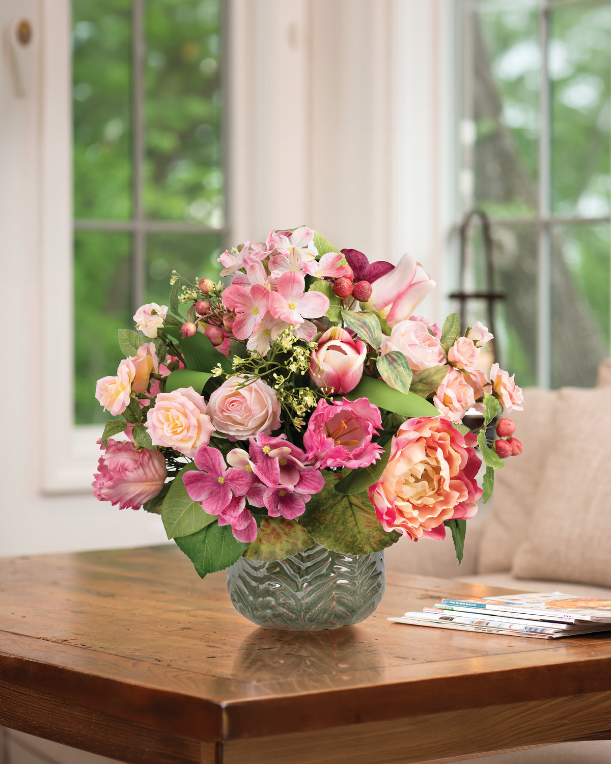 Tulips, Hydrangea & Berries Silk Flower Arrangement FLB183-PK