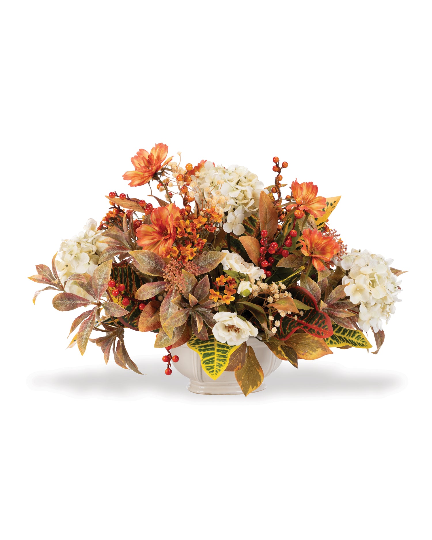 Hydrangeas & Coreopsis Faux Flower Centerpiece, autumn foliage hydrangeas, wild roses, orange coreopsis and berries in an 8” oval ceramic planter.