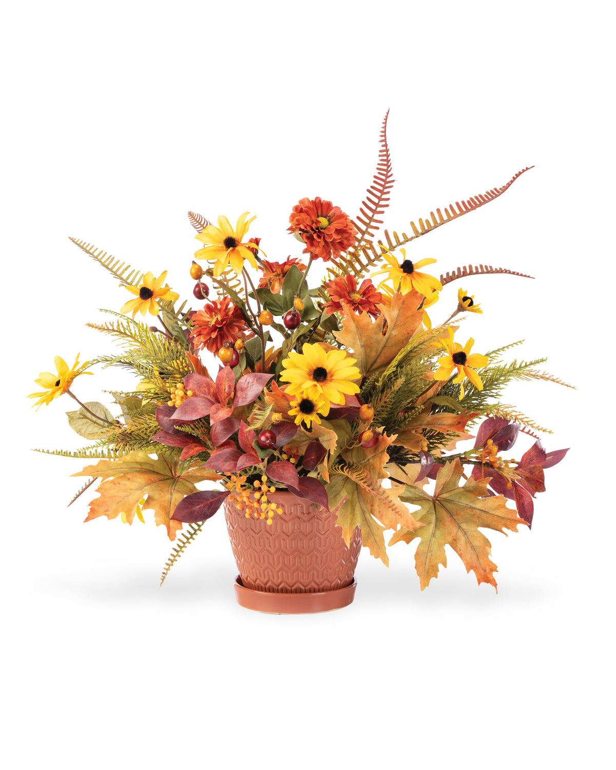 Black-Eyed Susan & Rosehip Faux Flower Centerpiece arranged in a 5” ceramic pot.