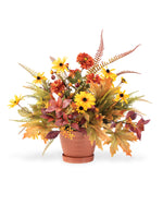 Black-Eyed Susan & Rosehip Faux Flower Centerpiece arranged in a 5” ceramic pot.