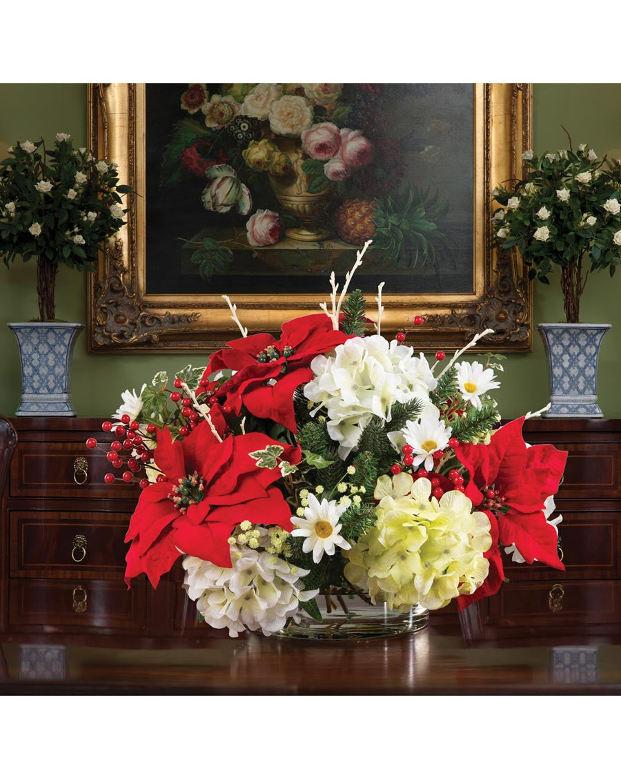 Poinsettia & Hydrangea Artificial Christmas Centerpiece HDA294-RD
