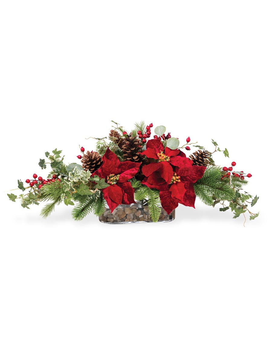 Plush Velvet Poinsettia, Pine & Berries Artificial Christmas Centerpiece HDA419-RD