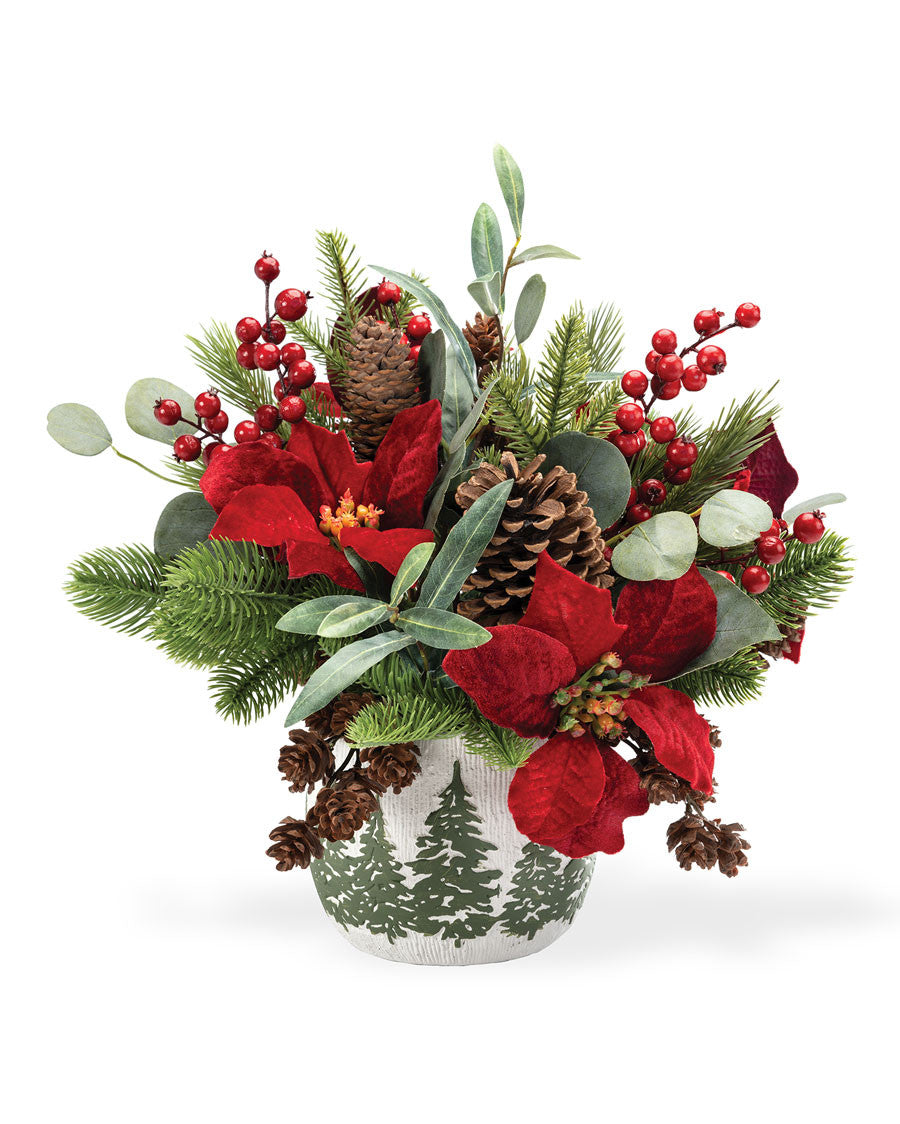 Plush Velvet Poinsettia, Pine & Berries Artificial Christmas Bouquet HDA435-RD