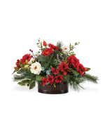 Medium Holly, Pine & Berries Artificial Holiday Centerpiece, set in Oval Metal Container.