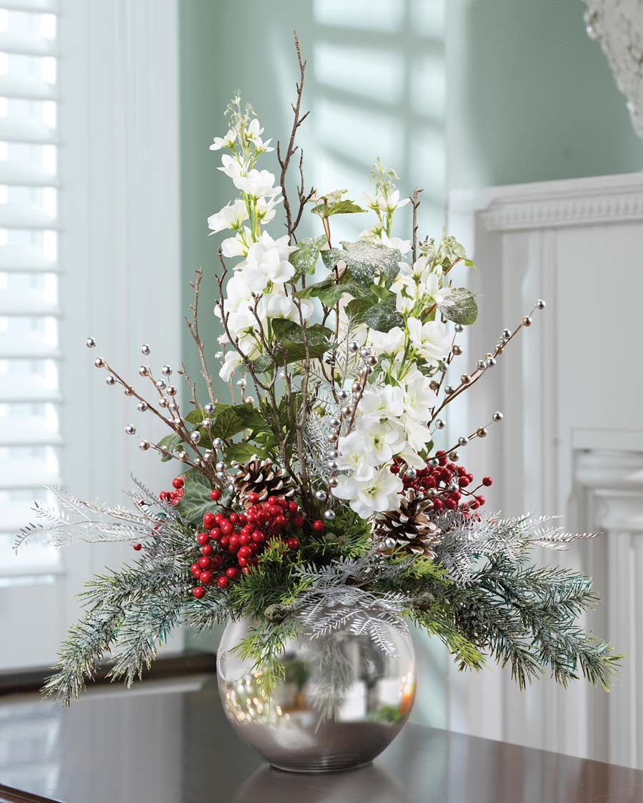 Delphinium, Berries & Iced Pine Artificial Holiday Arrangement HDA454-WH