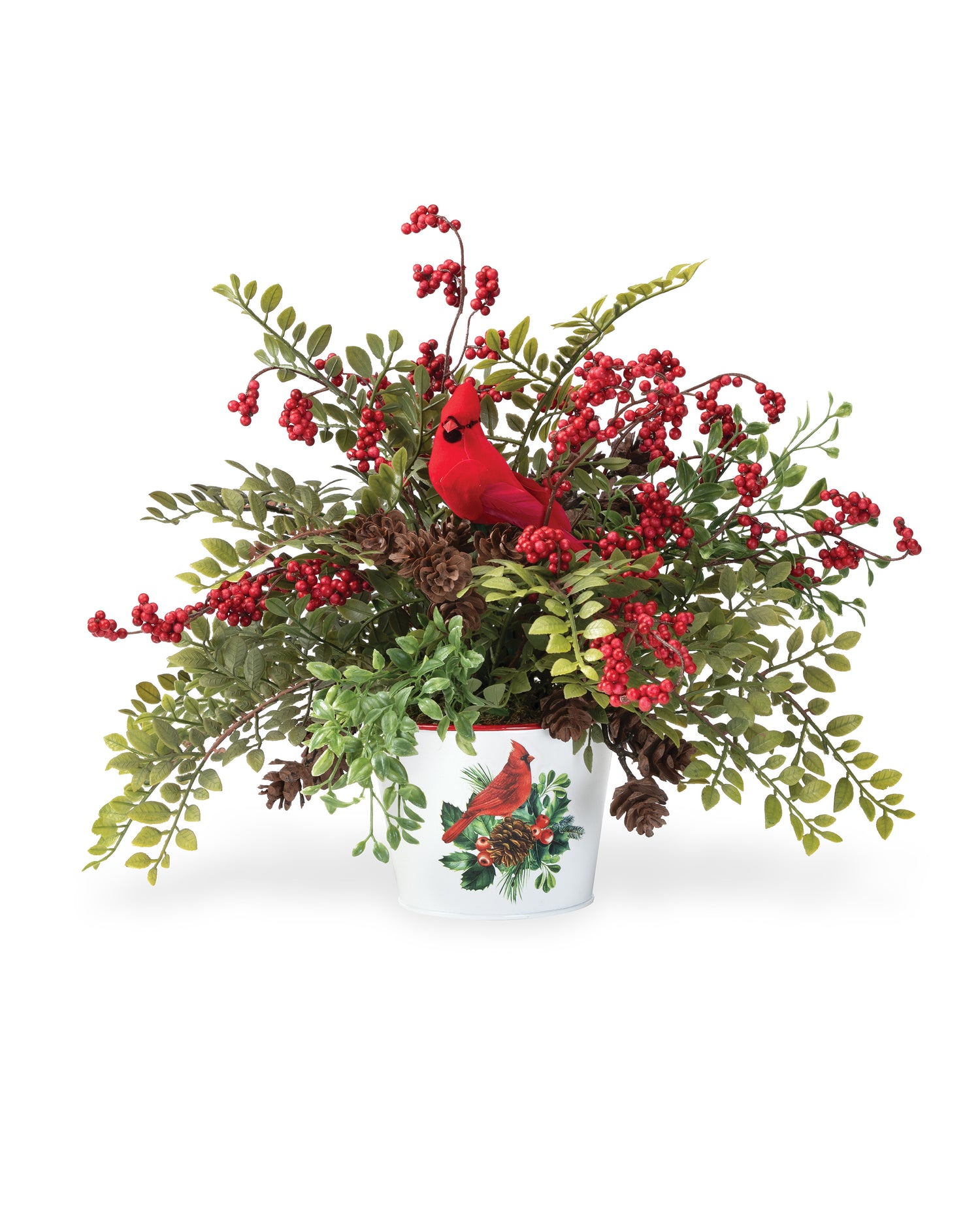 Ruscus & Berry Faux Christmas Cardinal Accent, set in Metal Cardinal Pot.