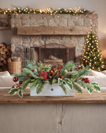 Large Jingle Bells Artificial Holiday Centerpiece, set in a Wood Box Container and Christmas background setting.
