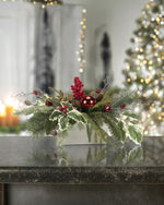 Medium Jingle Bells Artificial Holiday Centerpiece, set in Wood Box Container and christmas decorations surrounding.
