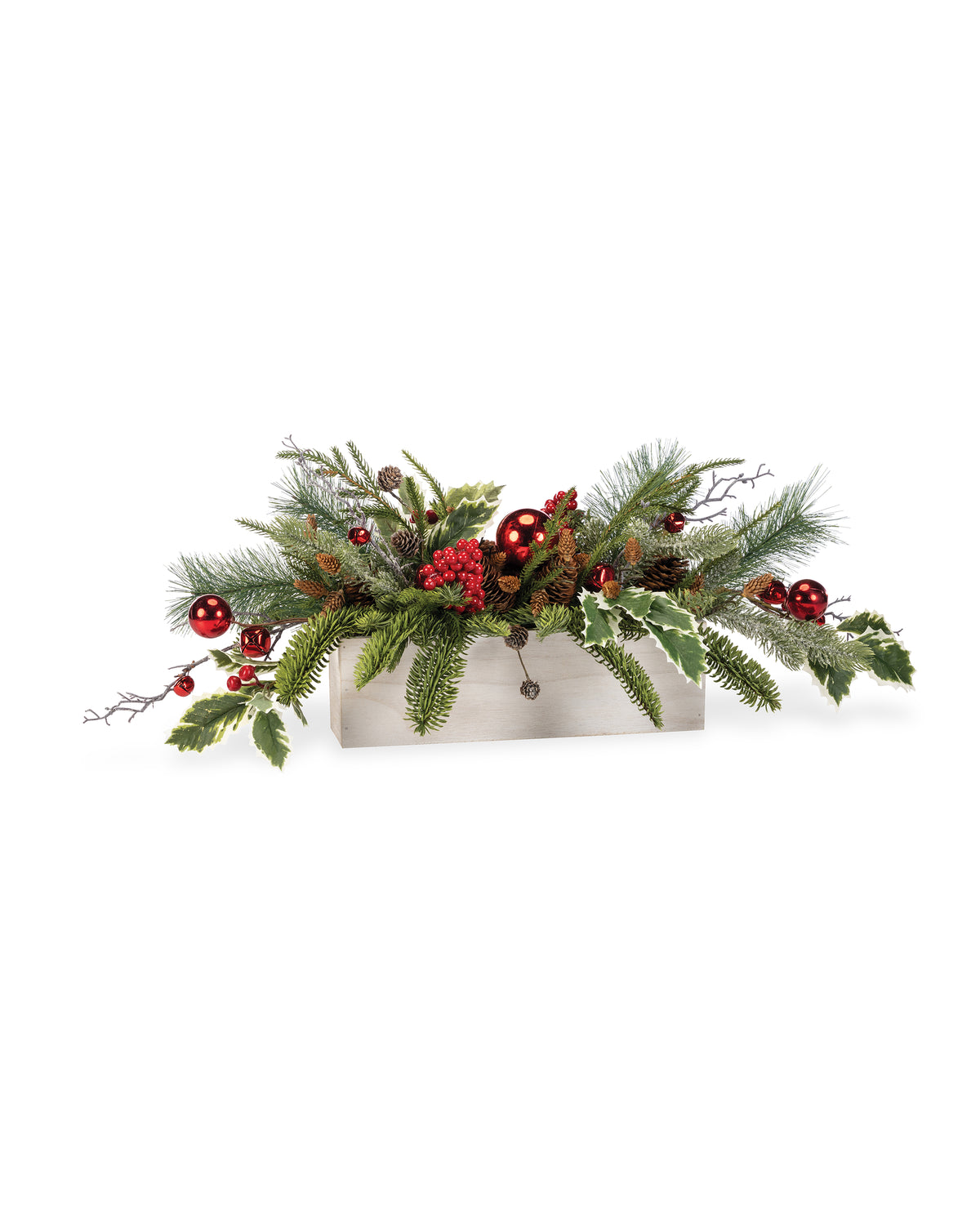 Medium Jingle Bells Artificial Holiday Centerpiece, set in Wood Box Container.