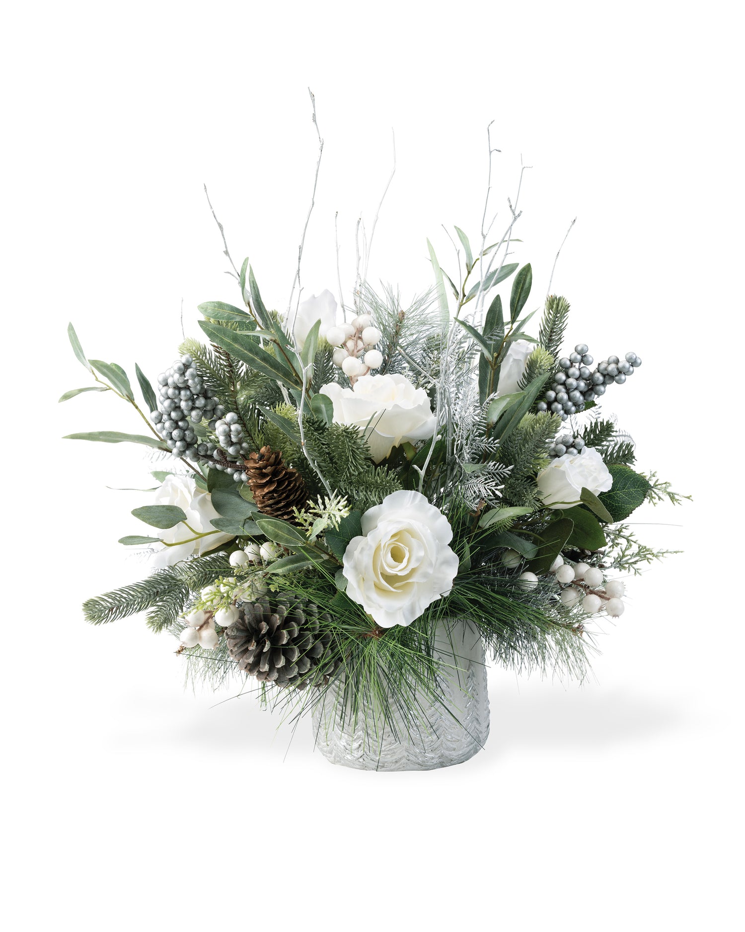 Winter White & Silver Artificial Holiday Centerpiece, set in Tree Embossed Pot, in front of a fireplace.