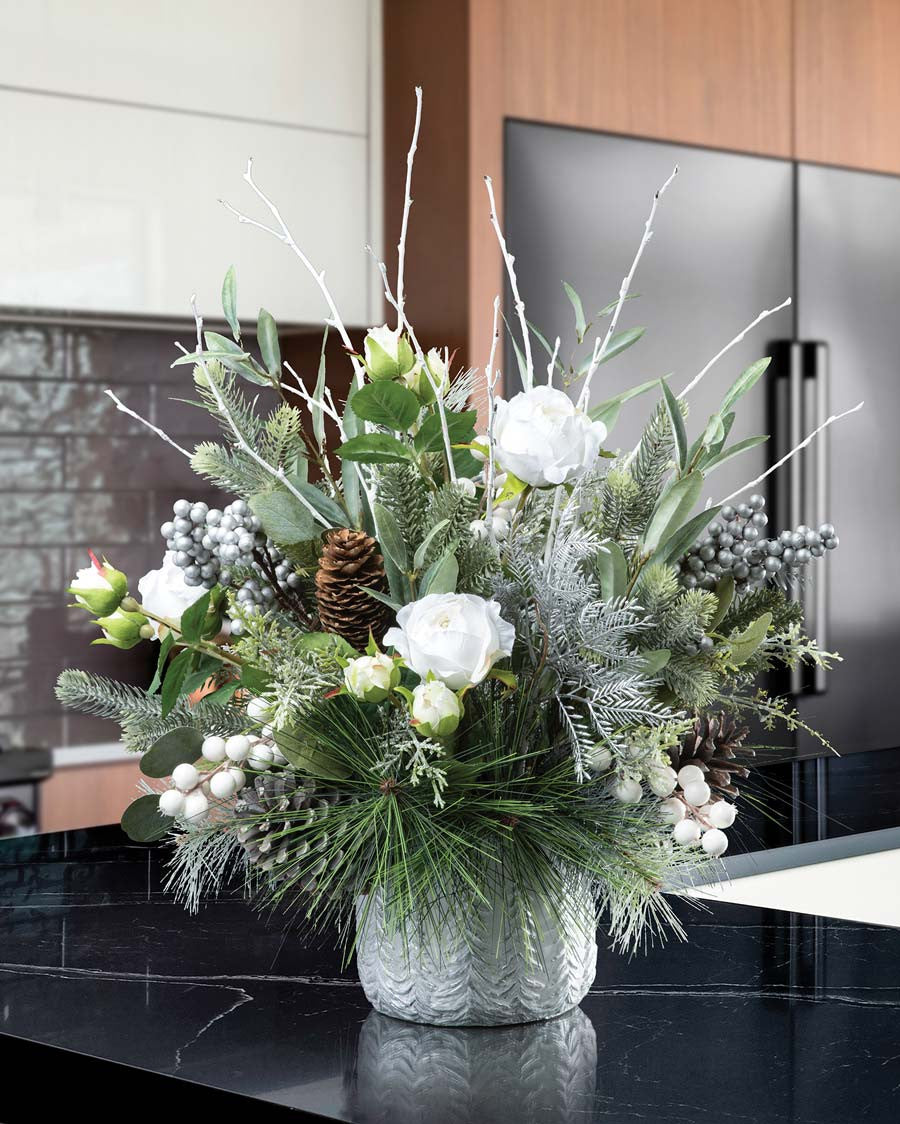White Winter & Silver Artificial Holiday Centerpiece HDB456-WHS