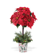 Silk Poinsettia Topiary, displayed in a 7” metal retro pot with lush evergreens, variegated holly, and berries.