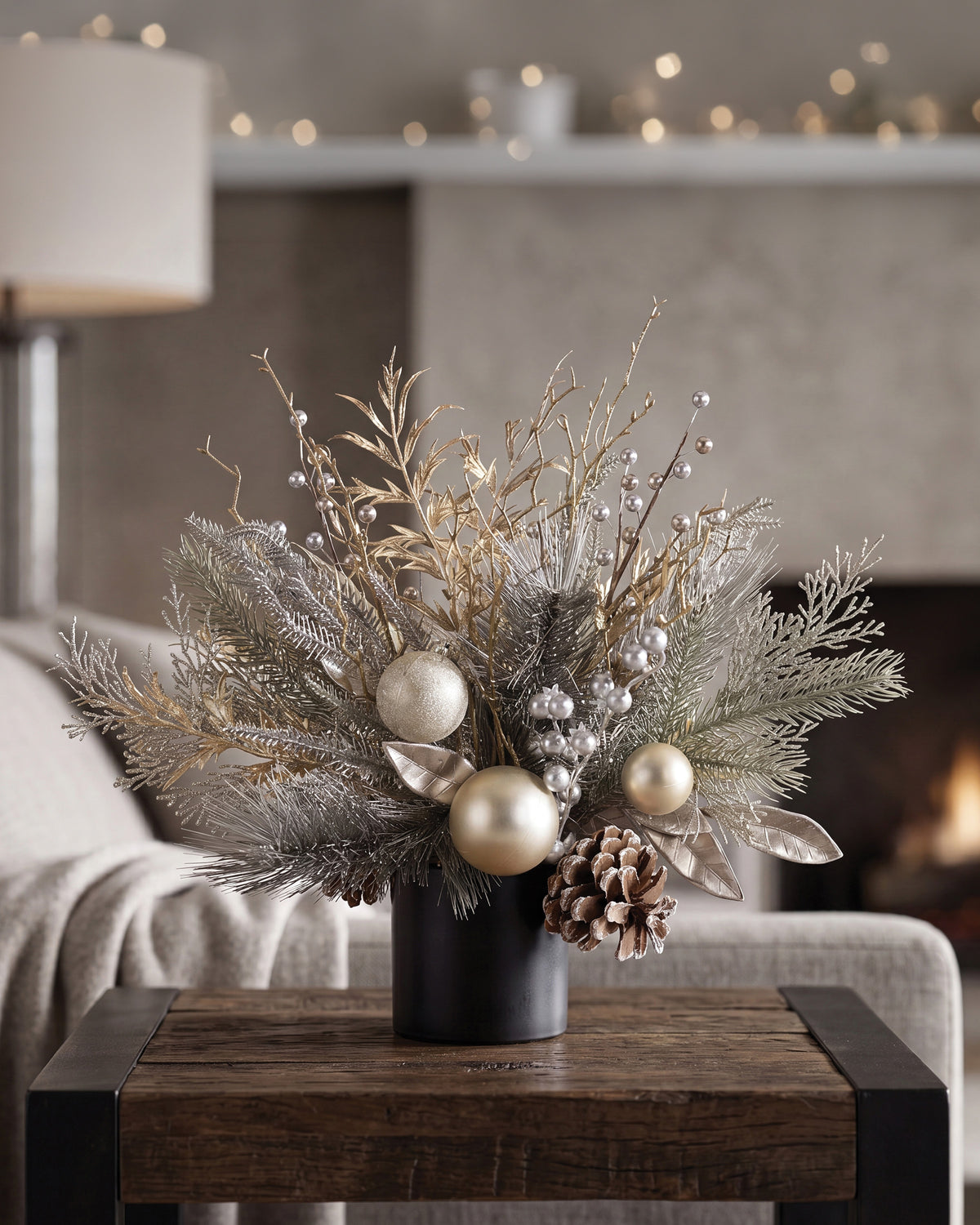 Champagne Elegance Artificial Holiday Accent in Ceramic Cylinder Vase, on a wooden table with cream white decor.