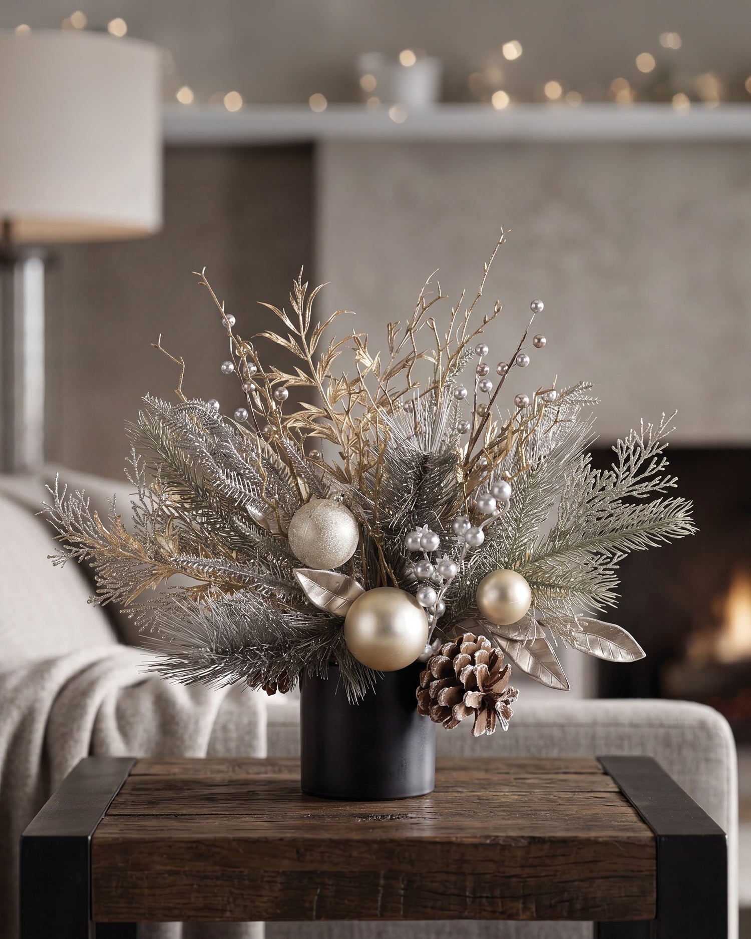 Champagne Elegance Artificial Holiday Accent in Ceramic Cylinder Vase, on a wooden table with cream white decor.