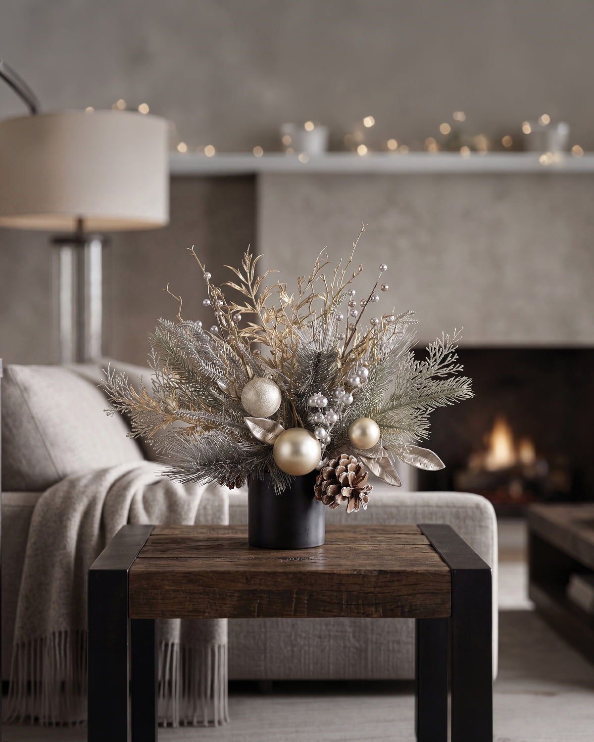 Champagne Elegance Artificial Holiday Accent in Ceramic Cylinder Vase, on a wooden table with cream white lifestyle setting.