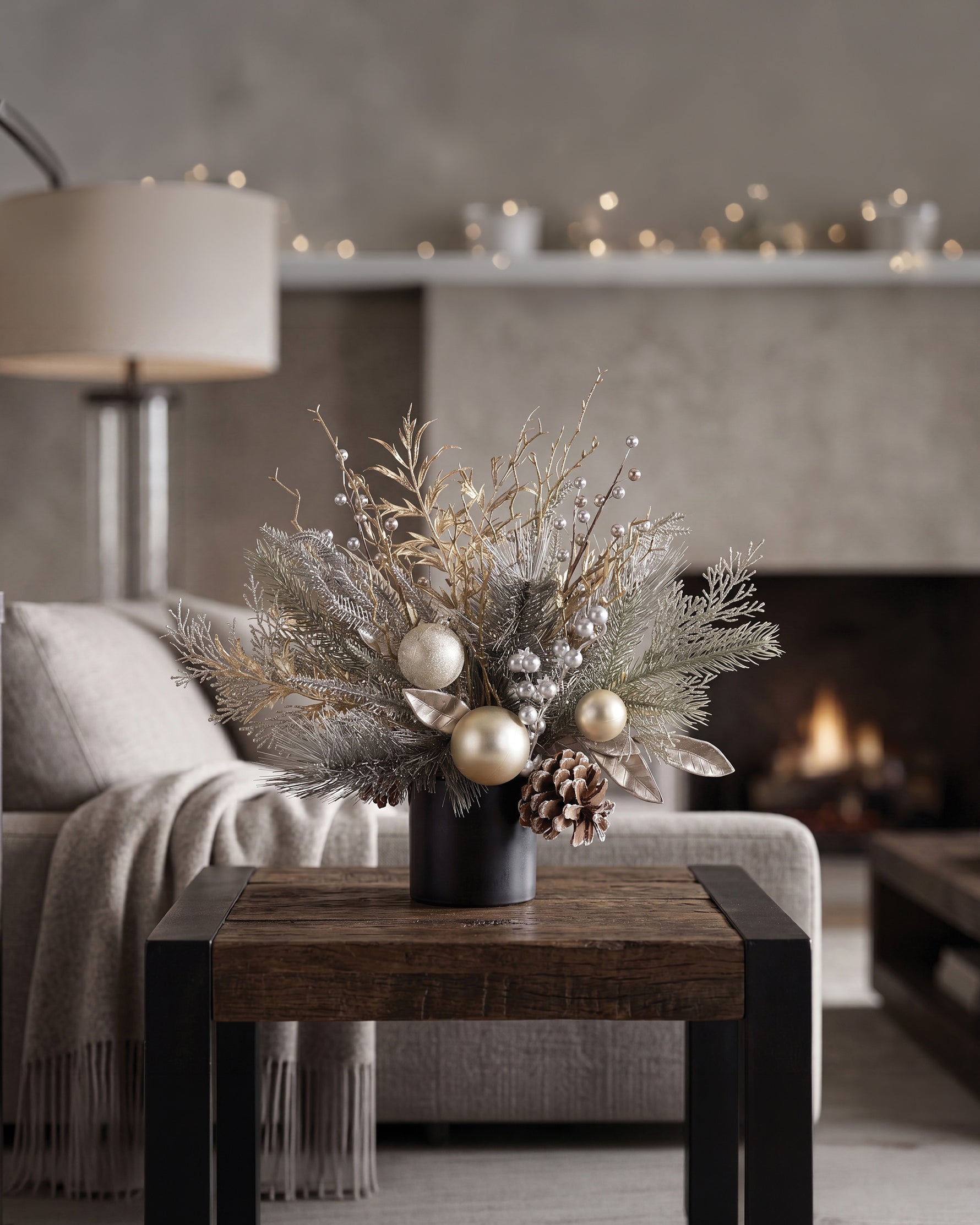 Champagne Elegance Artificial Holiday Accent in Ceramic Cylinder Vase, on a wooden table with cream white lifestyle setting.