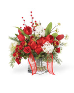 Tulip, Rose & Snowball Silk Flower Holiday Arrangement, nestled in a 4” square glass vase of clear acrylic water.
