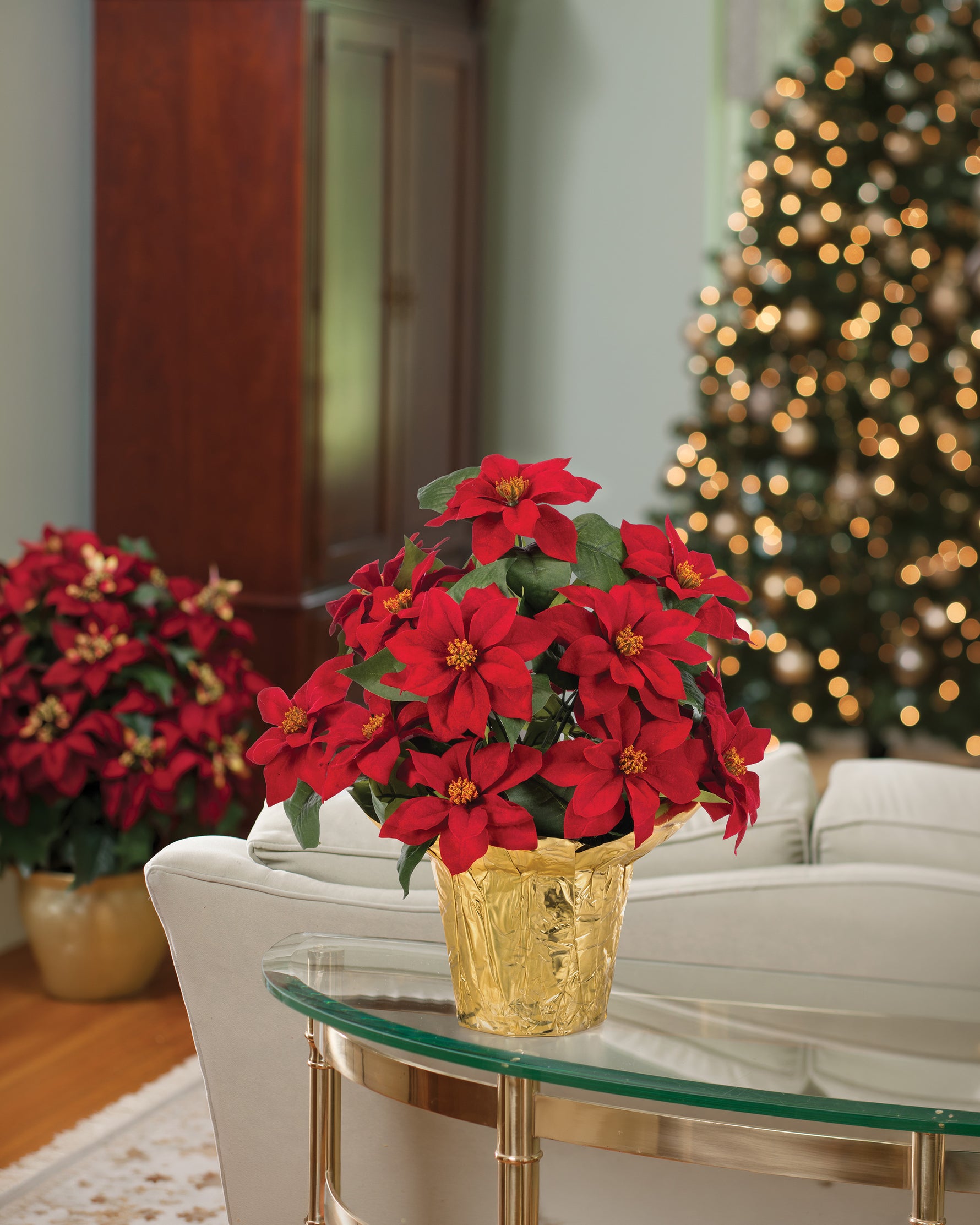 Desk Top Silk Poinsettia, potted in 4" Weighted Flower Pot with Shiny Gold Cover Included, set on a glass table and Christmas Decorations in the background.