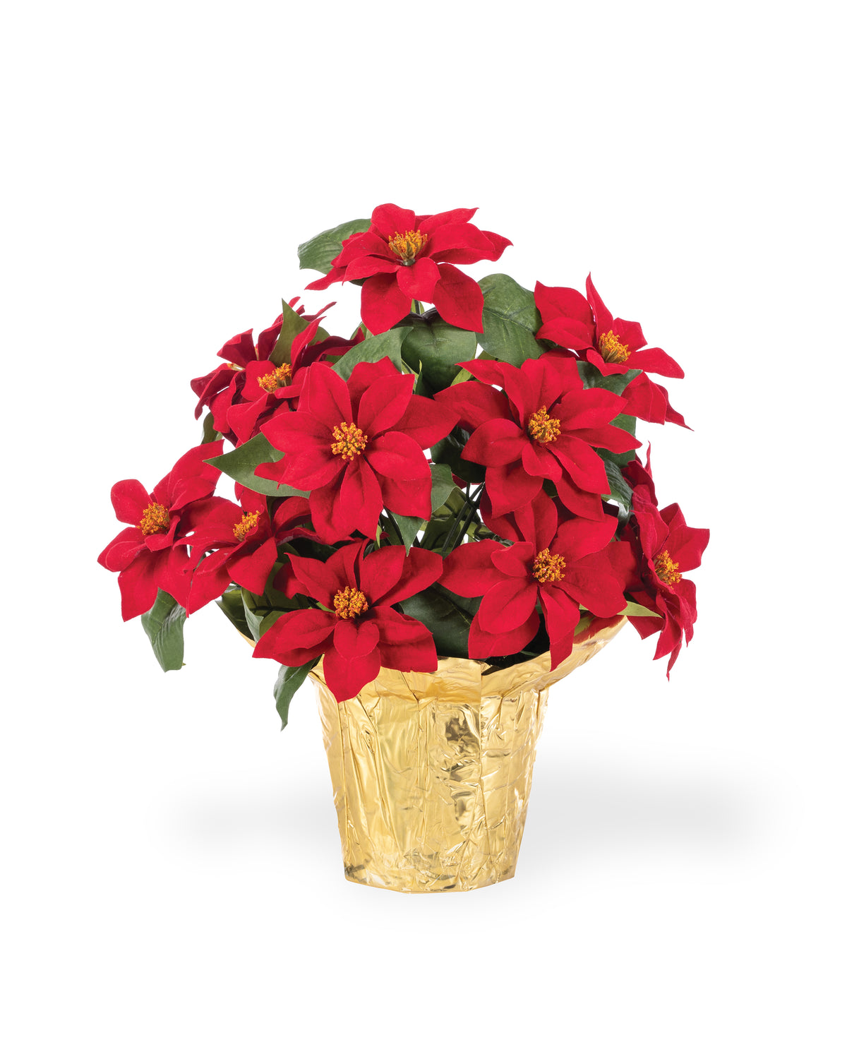 Desk Top Silk Poinsettia, potted in 4" Weighted Flower Pot with Shiny Gold Cover Included.