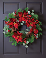 Plush Velvet Poinsettia, Pine & Berries Artificial Christmas Holiday Wreath HDC415-RD