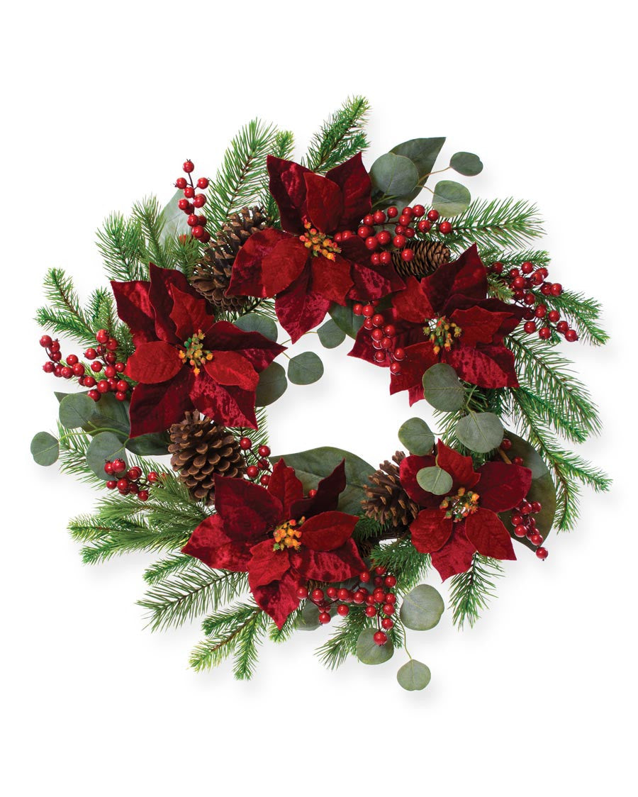 Plush Velvet Poinsettia, Pine & Berries Artificial Christmas Holiday Wreath HDC415-RD