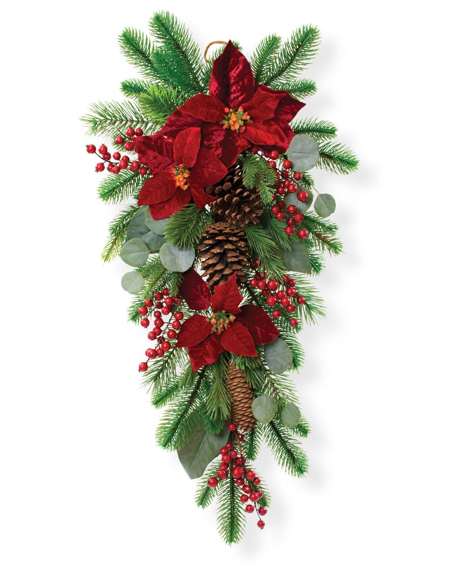 Plush Velvet Poinsettia, Pine & Berries Artificial Christmas Holiday Teardrop HDC417-RD