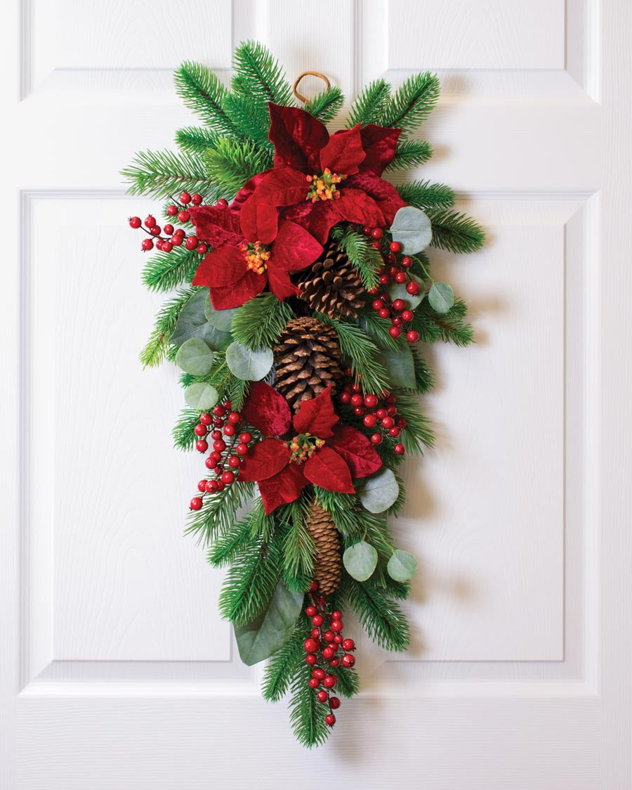 Plush Velvet Poinsettia, Pine & Berries Artificial Christmas Holiday Teardrop HDC417-RD