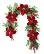 Plush Velvet Poinsettia, Pine & Berries Artificial Christmas Holiday Garland HDC418-RD