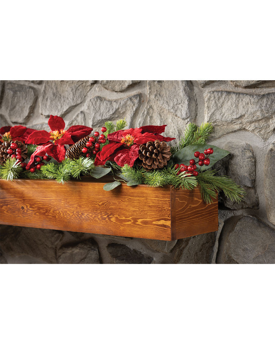 Plush Velvet Poinsettia, Pine & Berries Artificial Christmas Holiday Garland HDC418-RD