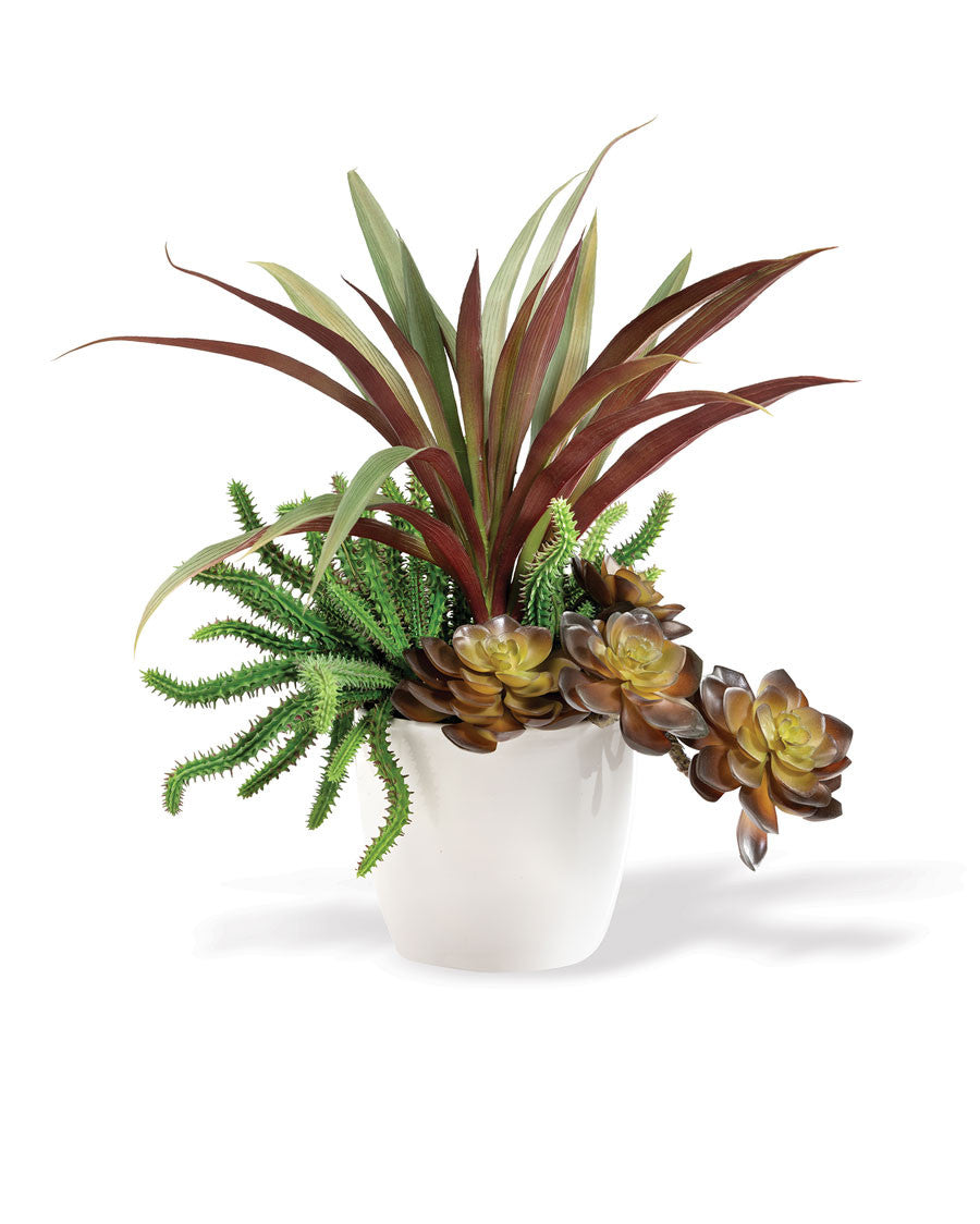 Yucca, Cactus & Echeveria Mixed Faux Foliage Planter PLD534-GB