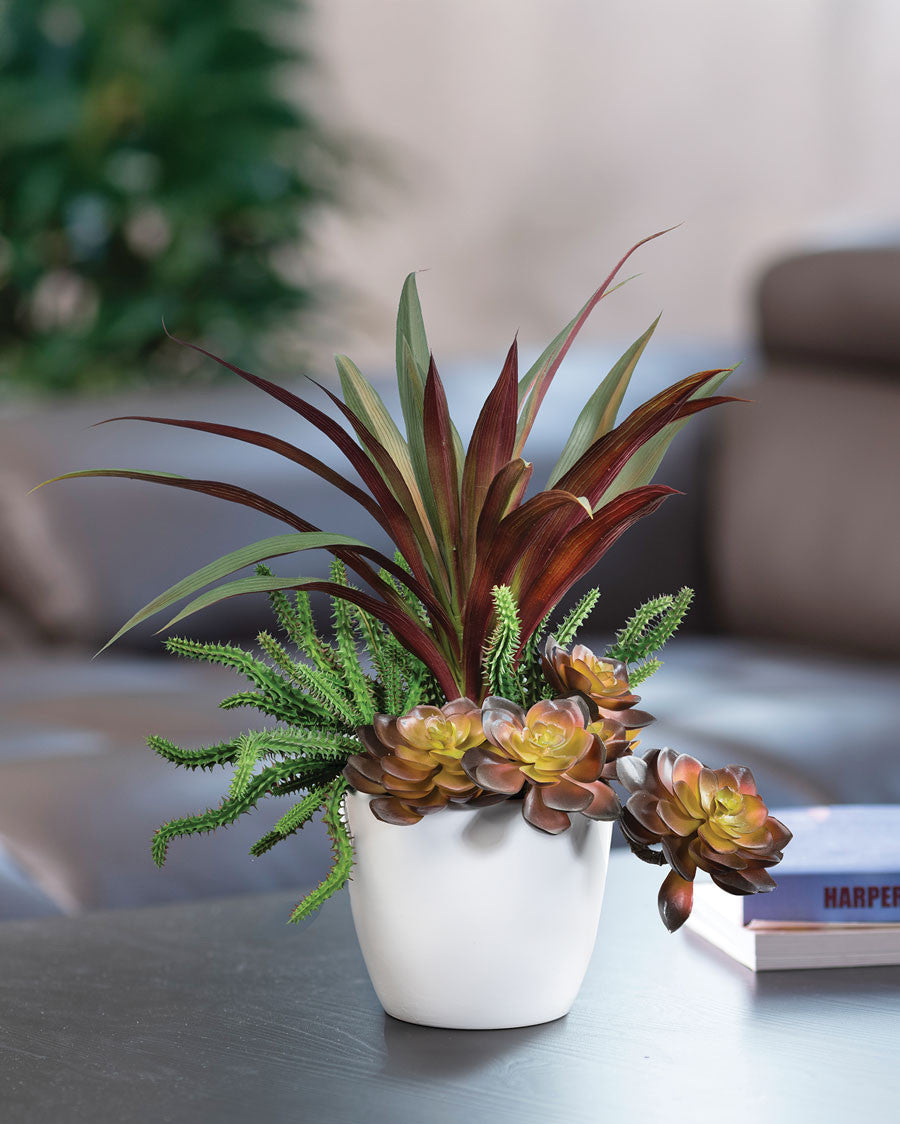Yucca, Cactus & Echeveria Mixed Faux Foliage Planter PLD534-GB