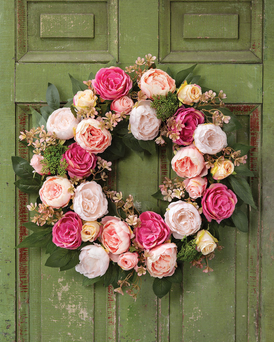 Silk Cabbage Rose & Blossoms Wreath WRA376-MS
