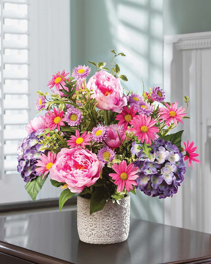 Buy romantic Peony, Hydrangea & Daisy silk flower arrangement at Petals.