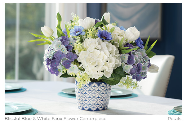 Blissful Blue & White Faux Flower Centerpiece, By Petals.